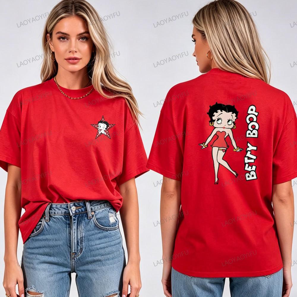 Harajuku Fashion Betty Boop Printed Tee Adults O Neck Short Sleeve Vintage Animation Trendy Casual Streetwear Cotton Women Tops