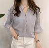 Женская повседневная рубашка больших размеров с V-образным вырезом и полосками, с рукавами семь восьмых - Корейская летняя коллекция 2025