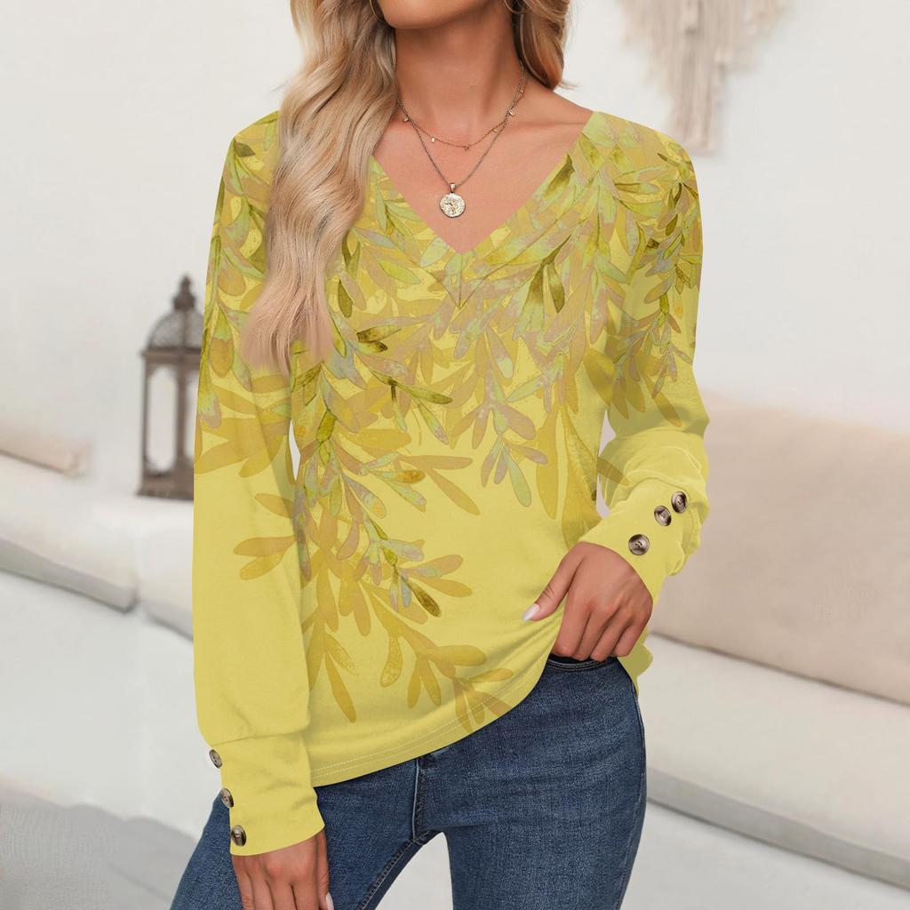 Женские топы с цветочным принтом, рубашка с длинным рукавом и V-образным вырезом, повседневная свободная футболка, осенняя одежда