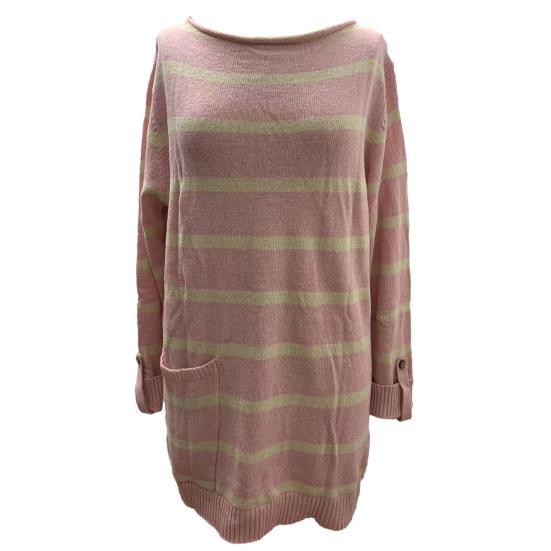 Women Autumn Oversized Sweater Elegant O-Neck Long Sleeve Striped Splicing Color Pocket Loose Pullover Elegant Knitting Jumper