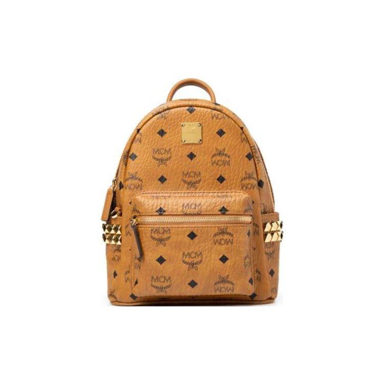 MCM Gold Tone Metal Hardware Logo Plaque Classic Pattern Canvas And Nappa Leather Backpack Mini Women backpack Cognac MMKDSVE10CO001