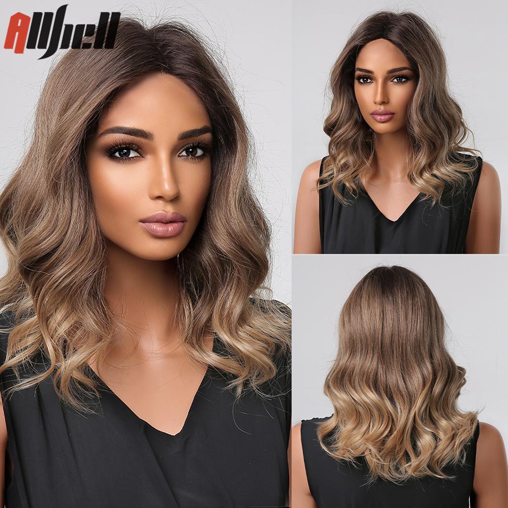 Bob Wavy Synthetic Wigs With Bangs for Women Blonde Ombre Medium Length Water Wave Wig Heat Resistant Fiber Hair Party Cosplay
