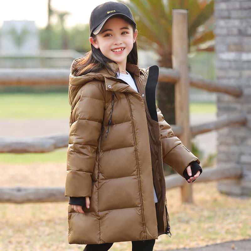 Girls Winter Mid-length Solid Color Cozy Down Jacket Middle and Large Children Thickened Warm Jacket