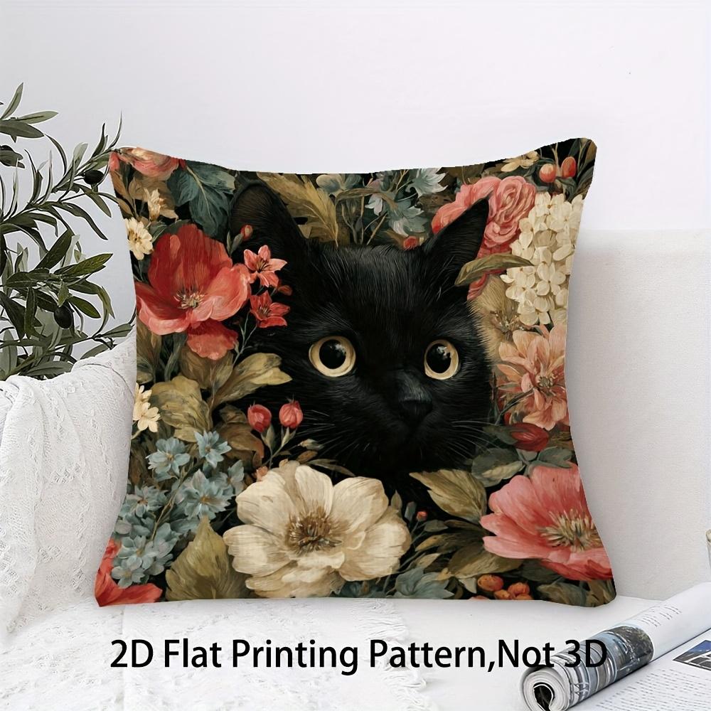 Vintage Floral Black Cat Throw Pillow Cover, Dark Academia Botanical Cat Art Print Decorative Cushion For Living Room Couch