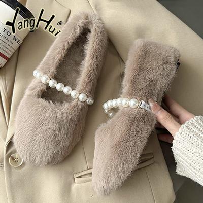 Женские шерстяные туфли Cross Fluffy Casual Concise Теплые короткие плюшевые балетки 2024 года Модные аксессуары Diamond Pearl Lazy Shoes Winter