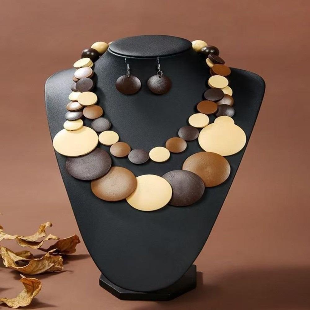 Bohemian Style Wooden Beaded Necklace Double Layer Pendant Necklace Summer Accessories