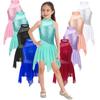Kids Girls Sleeveless Shiny Sequins Asymmetrical Hem Ballerina Lyrical Modern Dance Leotard Dress