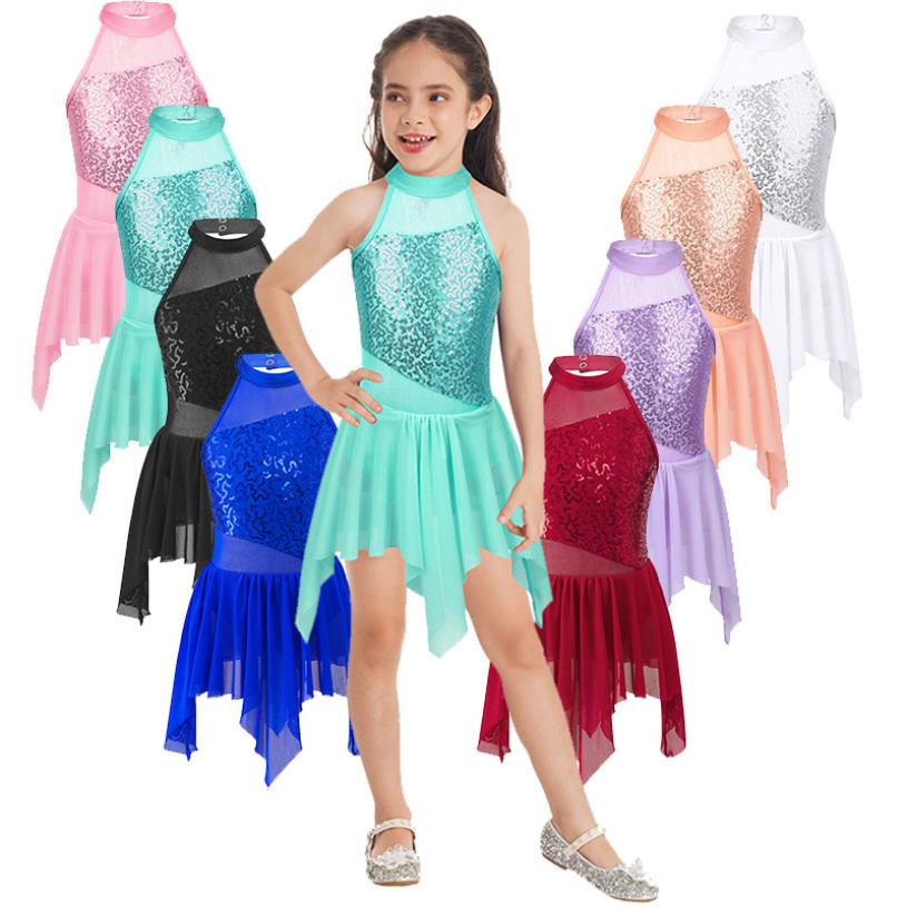 Kids Girls Sleeveless Shiny Sequins Asymmetrical Hem Ballerina Lyrical Modern Dance Leotard Dress