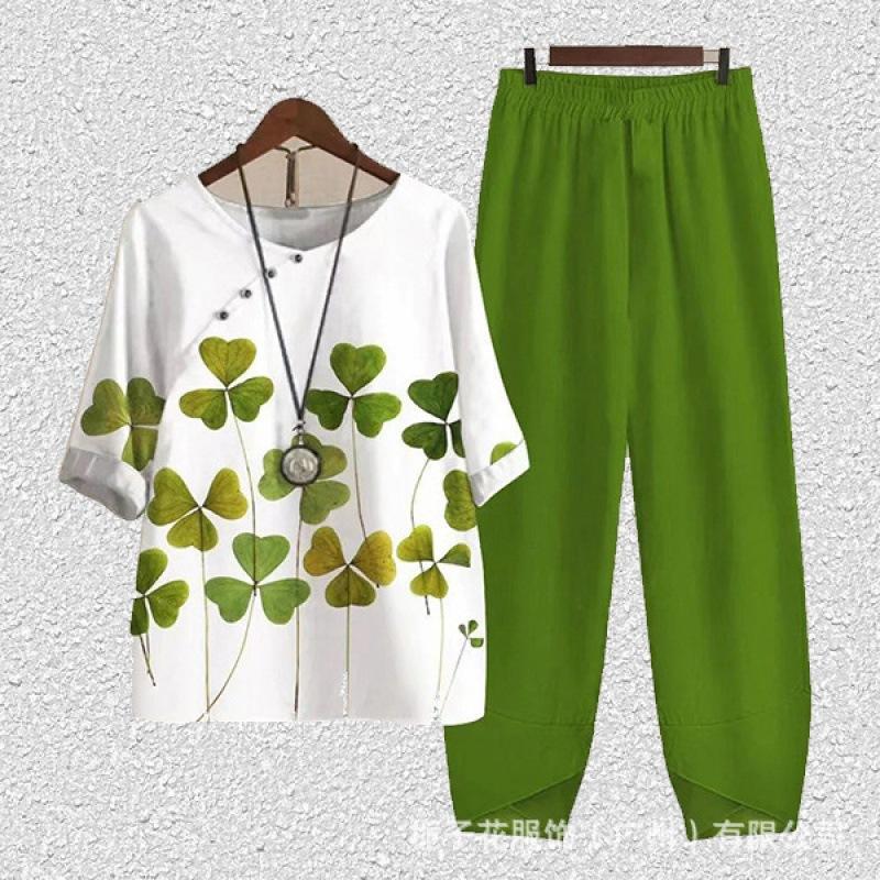 1116 new women's clothing, casual round neck five-quarter sleeve top, digital printing women's two-piece suit