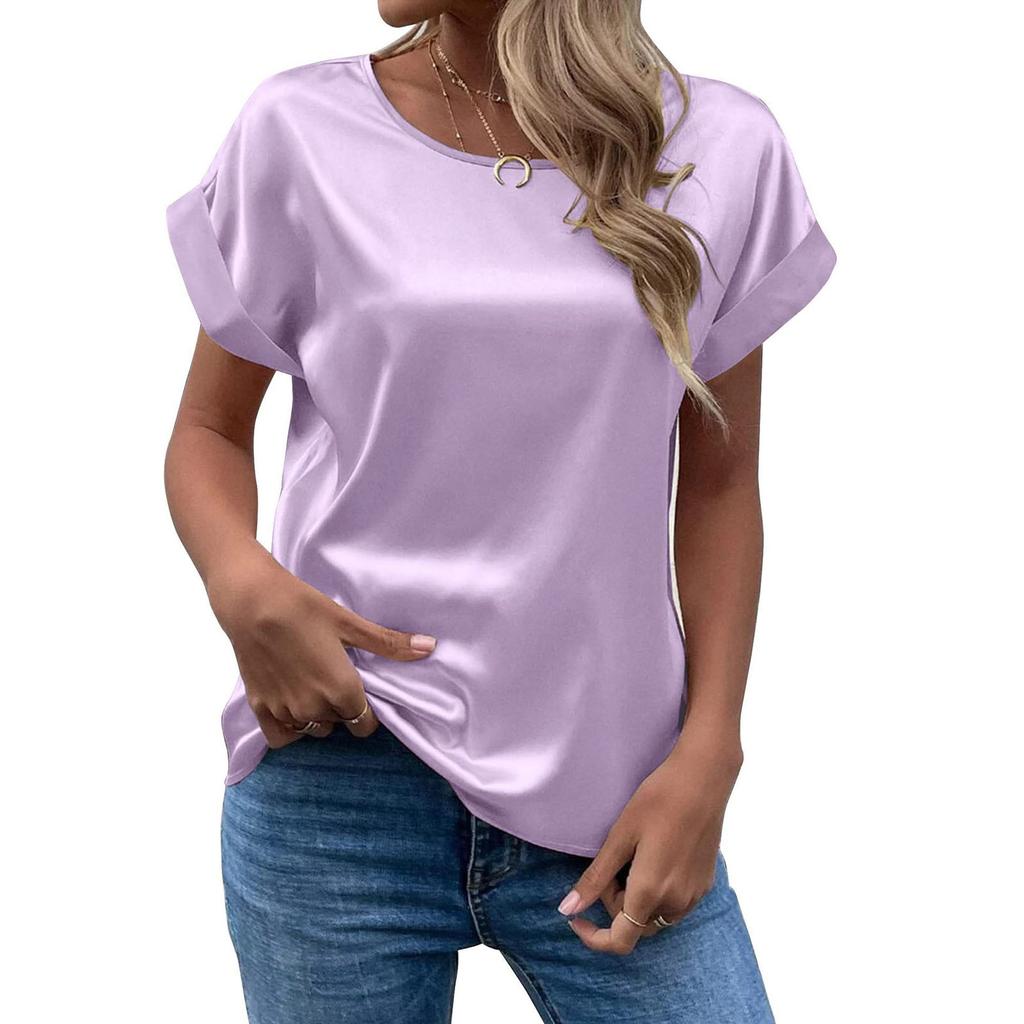 Women's T-Shirt Summer Elegant Solid Round Neck Rolled Short Sleeve Satin Silk Blouse Tops