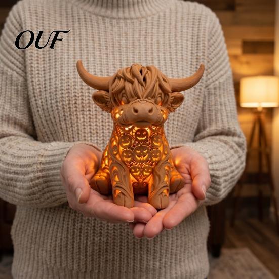 Decorative Figurine for Home Highland Cow Tea Light Candle Holder, 3D Printed with LED Modern Farmhouse Decor Light, Warm Tabletop Bedroom Desk