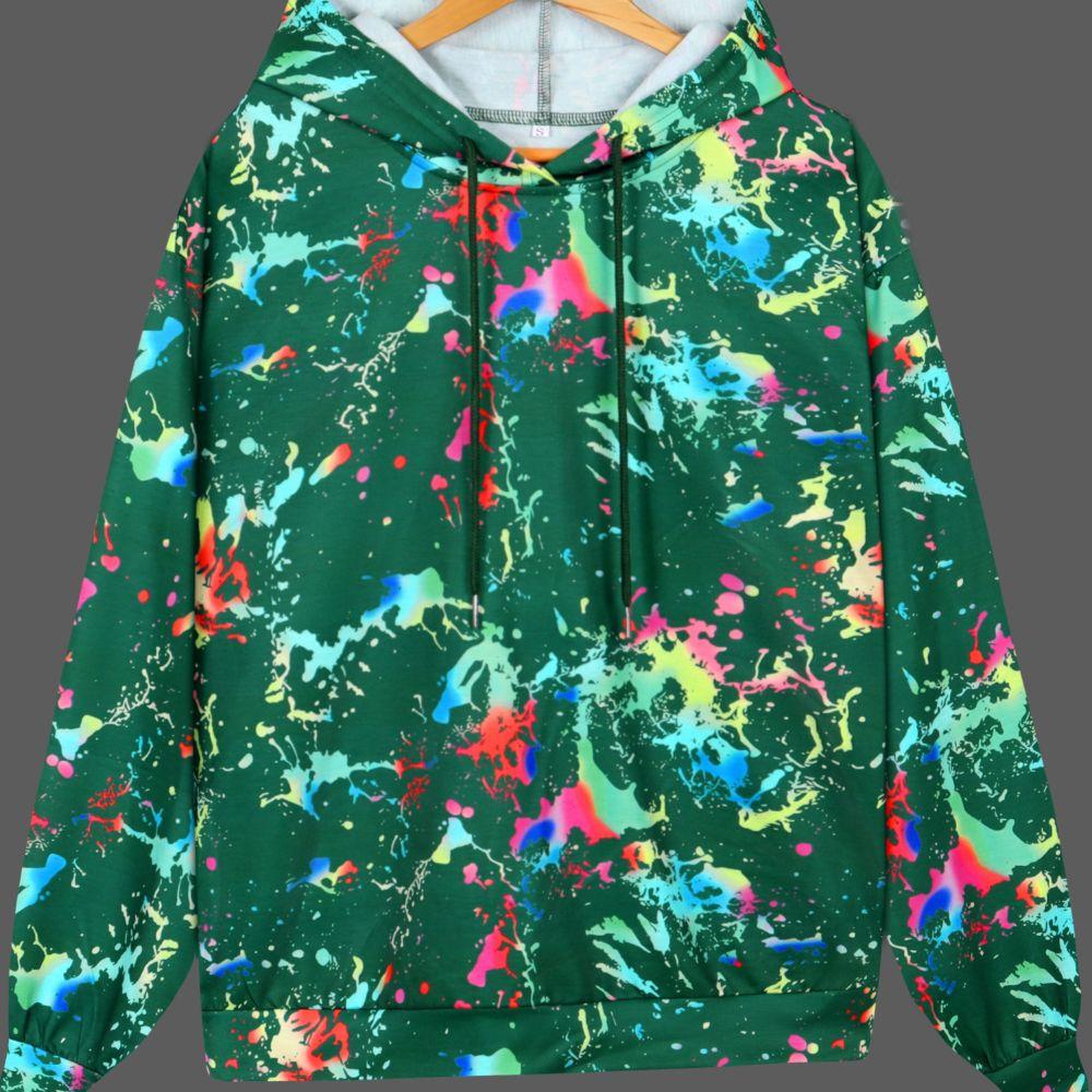 2024 г., цветная принтованная женская толстовка с капюшоном, подходящая для осени, с завязками и карманами, повседневная толстовка с длинными рукавами