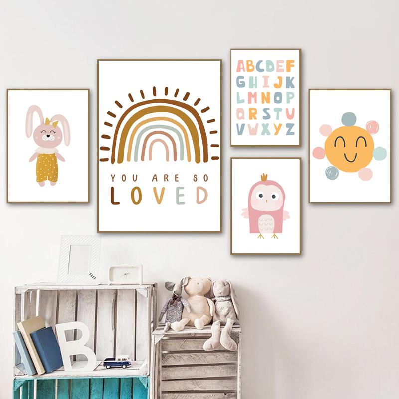 Colorful Alphabet Rainbow Sun Rabbit  Wall Art Canvas Painting Nordic Posters And Prints Wall Pictures For Baby Kids Room Decor No Frame