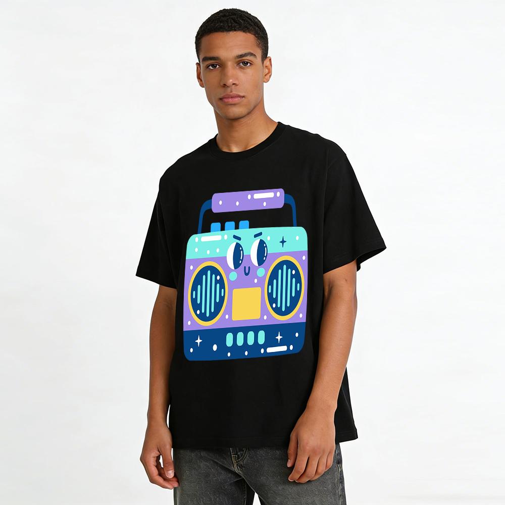 Retro Cartoon Radio Print T-Shirt Unisex Casual Loose Fit Top Fun Graphic Tee for All Ages Pure cotton T-shirt
