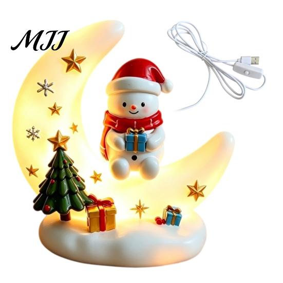 Elk Figurine Ornament Christmas Moon Night Light with Santa Claus, Resin Decoration Warm LED Ornaments Glow, Holiday Tabletop for Home