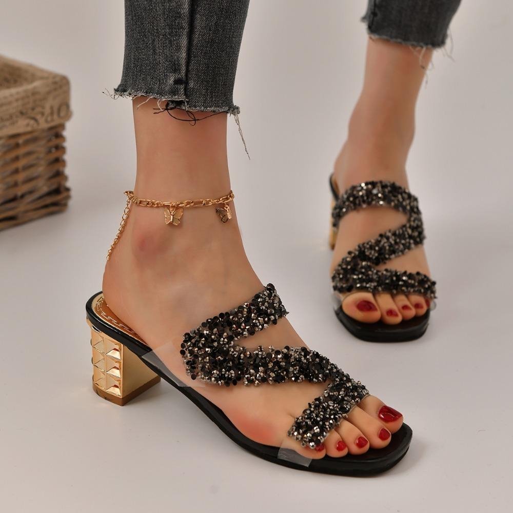 НОВЫЕ блестящие тапочки со стразами, женские роскошные босоножки на среднем каблуке со стразами, женские бохо-золотые шлепанцы на странном каблуке, летняя обувь