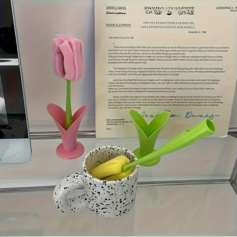 1 шт. Щетка для многоразовой чашки в форме тюльпана с длинной ручкой и съемной губкой - Прочный пластиковый кухонный инструмент для чистки бутылок и стекла