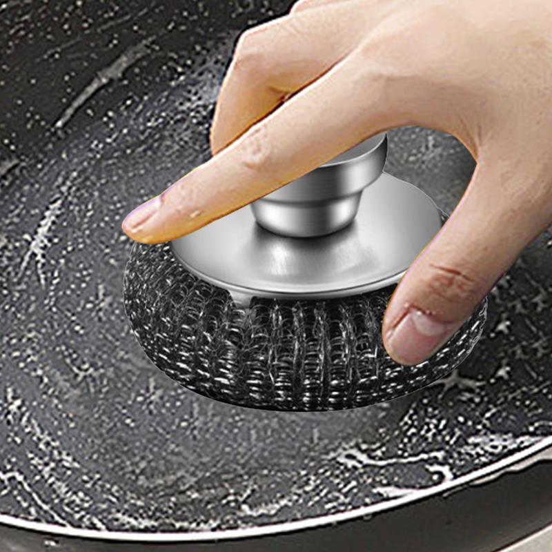 Kitchen Stainless Steel Washing Brush Metal Sponge Scrubber with Handle for Dishes Pots Pans Grills Sink Cleaning Tools