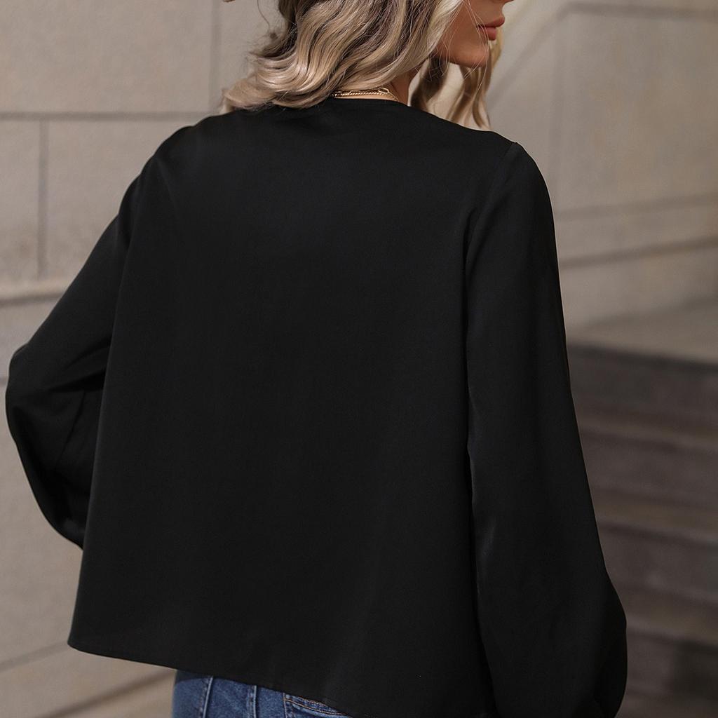 Women’s Summer Ruffled Lace Deep V-neck Shirt Long Lantern Sleeve Loose Shirt Solid Slim Casual Commute T-shirt Fashion Breathable Comfortable Top