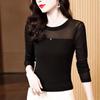 Женский облегающий кружевной топ: Черная сетчатая футболка с длинным рукавом, с круглым вырезом, коллекция Осень 2025