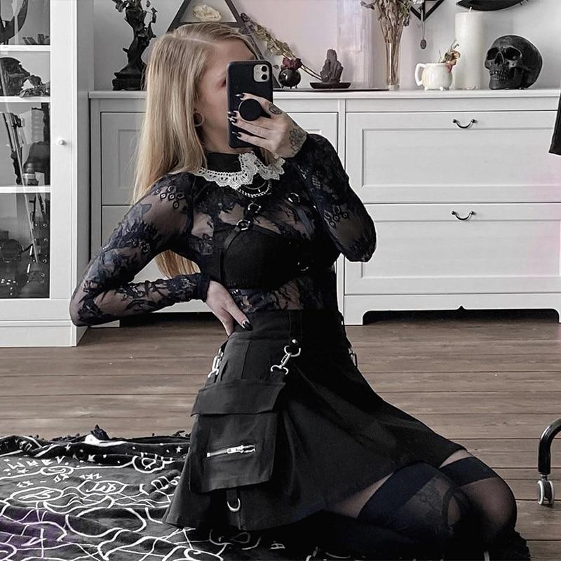 Punk Gothic Black High Waist Black Skirts Women Sexy Patchwork Bandage Mini Skirt Female Streetwear Summer
