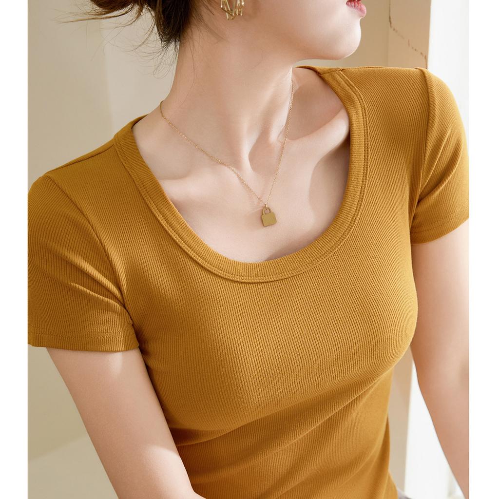 Summer Women's High Stretch Threaded Cotton Short Round Neck Curved Short Sleeve T-Shirt