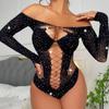 Women's Mesh Lingerie Rhinestone Body Long Sleeve Mesh Bodystockings Sexy Lingerie Hollow Out Bodysuits