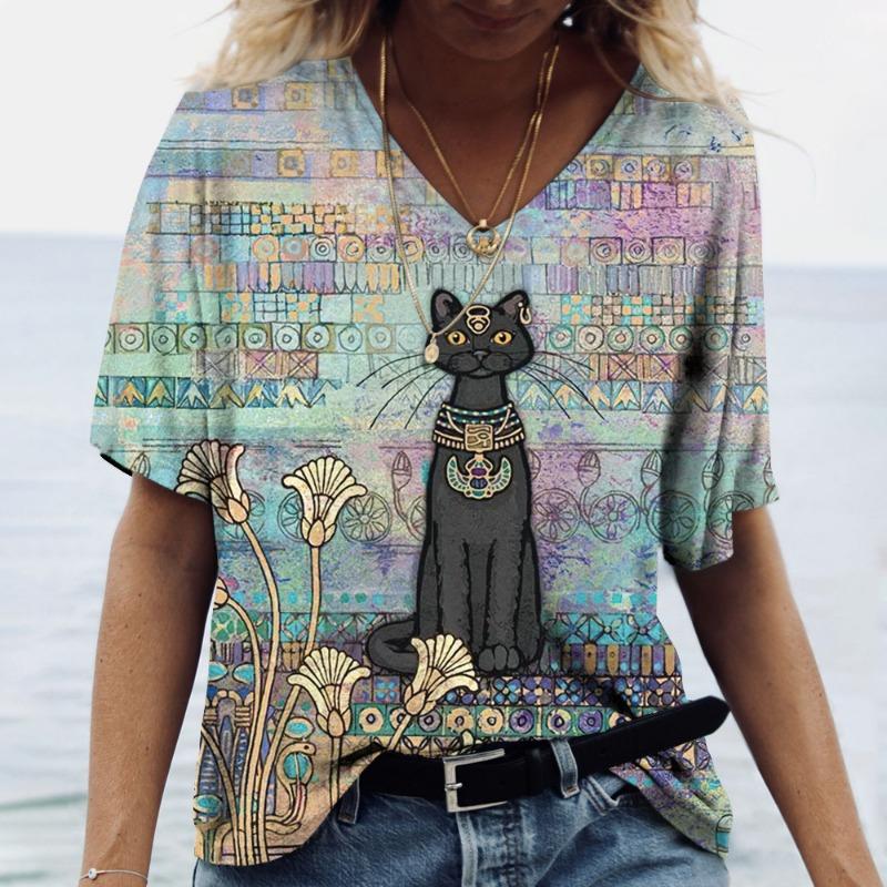 Летние фиолетовые футболки с коротким рукавом и V-образным вырезом для женщин из серии «Киттен» для женщин