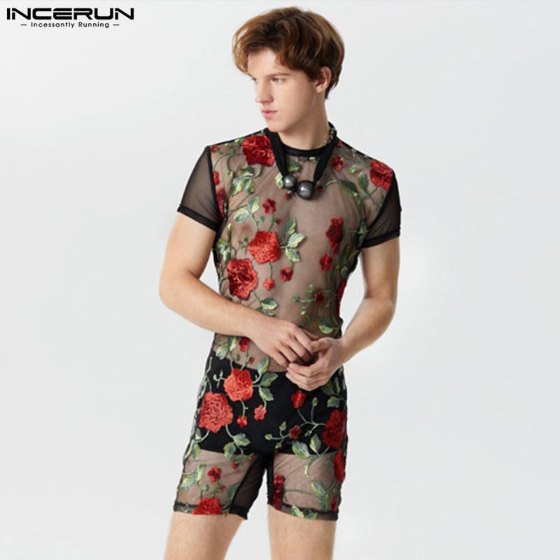 INCERUN Мужские прозрачные боди с коротким рукавом и прозрачной цветочной вышивкой