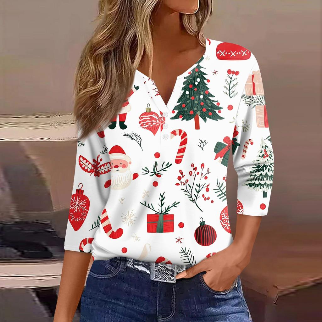 Women's T Shirt Christmas Print Button 3/4 Sleeve Daily Weekend Fashion Basic V- Neck Regular Top