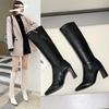 Ladies Leather Woman Boots Square Heel Knee-High Classic Pointed Toe PU Leather Zip Boots Party Dress Dance Shoes