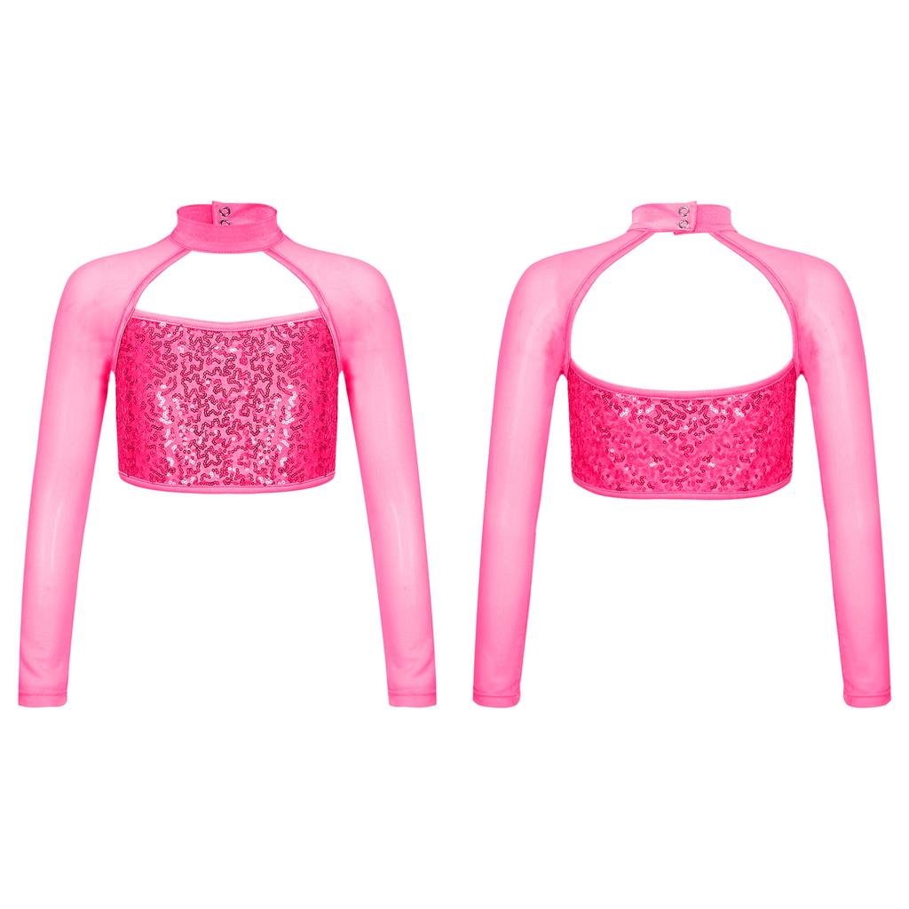 Детский кроп-топ с длинным рукавом, пайетками и сеткой для танцевальных выступлений