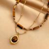 Tiger Eye Beaded Necklace With Steel Pendant Geometric Design For Fashion Casual Wear