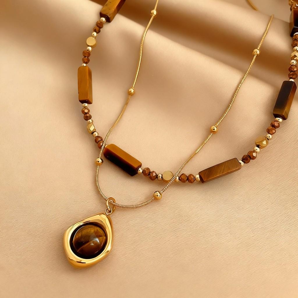 Tiger Eye Beaded Necklace With Steel Pendant Geometric Design For Fashion Casual Wear