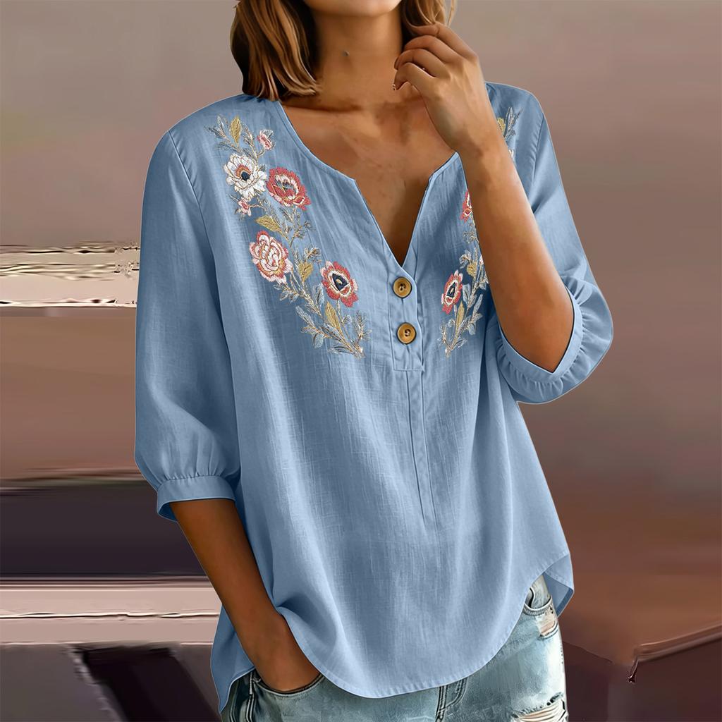 Женская льняно-хлопковая блузка-henley с цветочной вышивкой, пуговицами на воротнике, рукавами три четверти, повседневная, свободного кроя