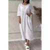 2024 Women's Cotton Linen Solid Colored Casual Button Long Dress with Round Neck