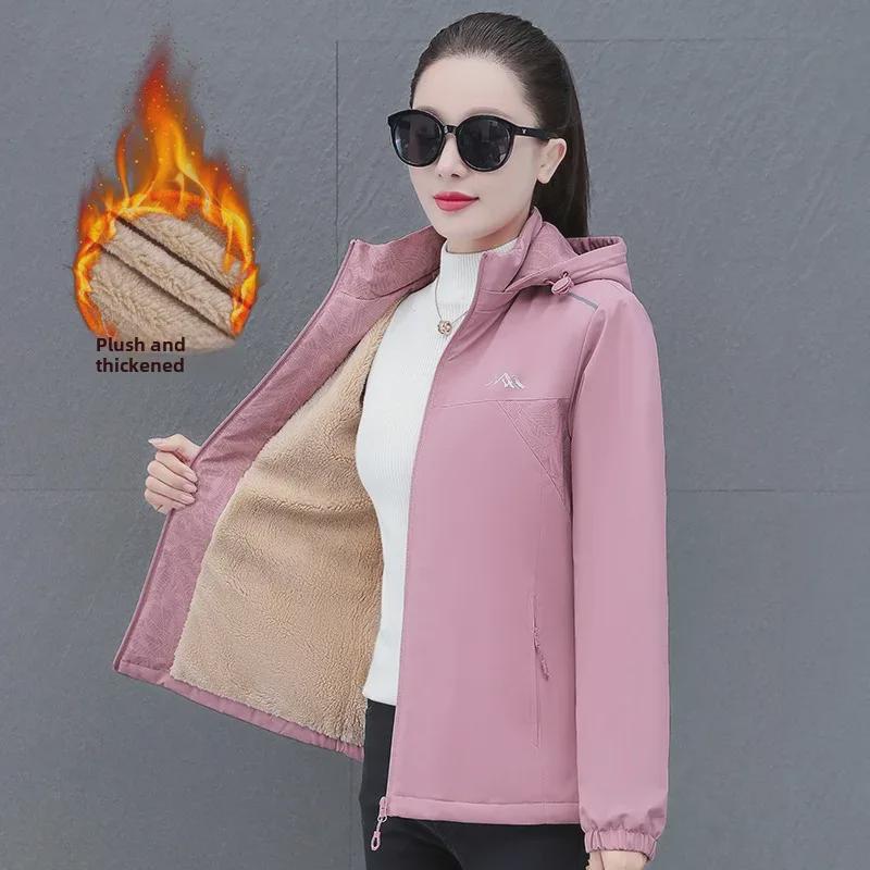 Женская ветрозащитная и водонепроницаемая куртка с капюшоном на бархатной подкладке для осени и зимы
