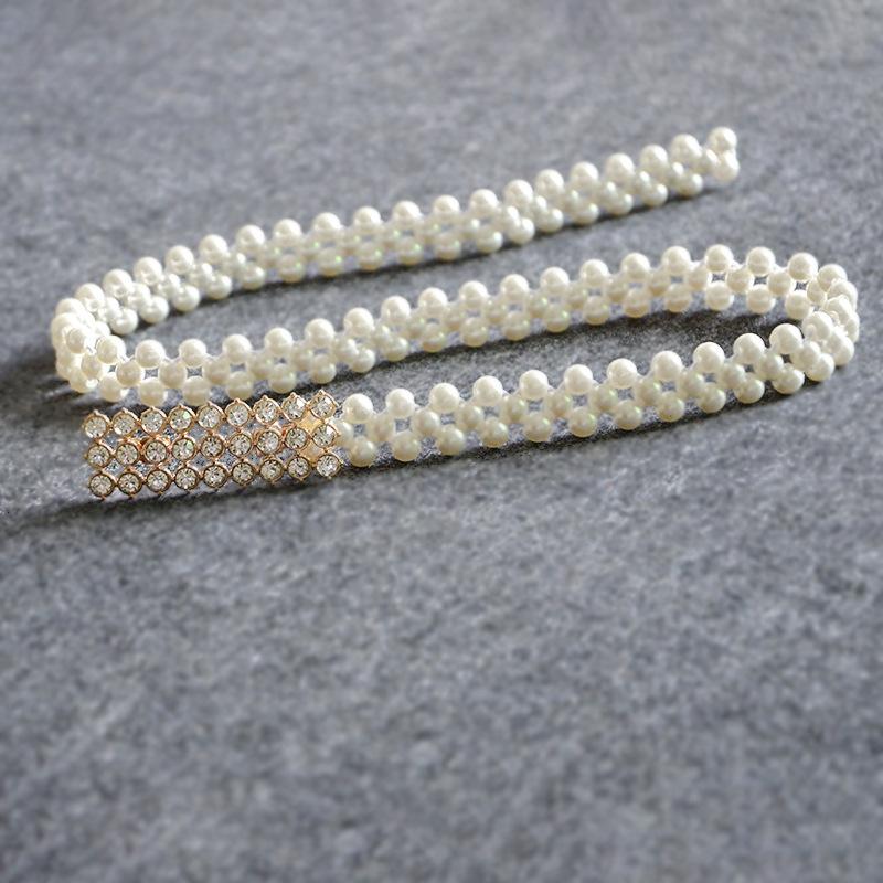 Meier Women's waist chain pearl elastic belt rhinestone inlaid buckle thin belt