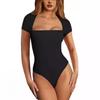 Womens Sexy Square Neck Double Lined Shirt Stretchy Basic Short Sleeve Going Out Thong Bodysuit Tops