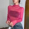 Women Tops Lace Garmented Half-High Neck Long Sleeve T-shirt Solid Color See-through Mesh Yarn Bottoming Tops