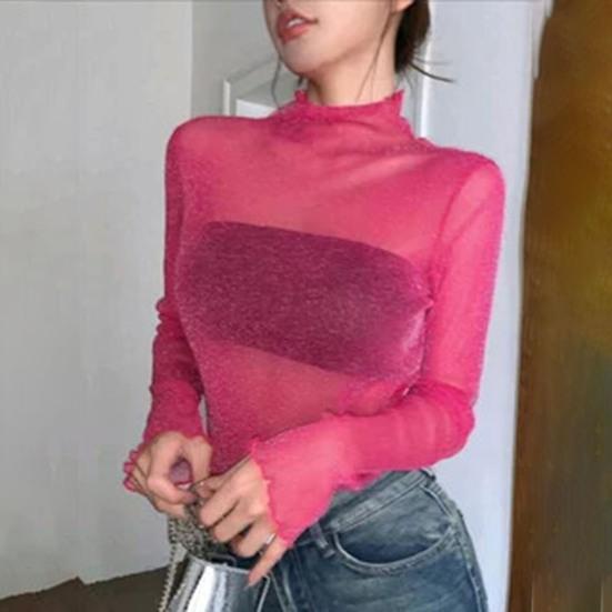 Women Tops Lace Garmented Half-High Neck Long Sleeve T-shirt Solid Color See-through Mesh Yarn Bottoming Tops