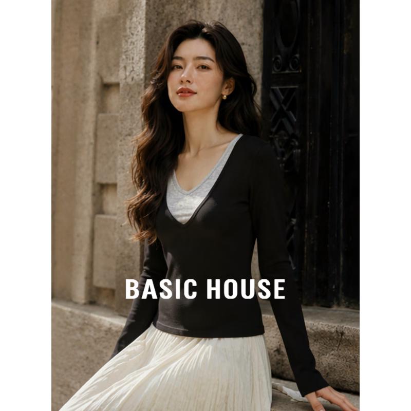 Женская футболка Basic House с V-образным вырезом, длинным рукавом и эффектом многослойности