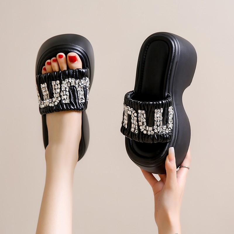 Fashion 2024 Summer New Fashion Open Toe Thick Sole Leather Women's Slippers Casual Brand Design Beach Party Dress Women's High Heels