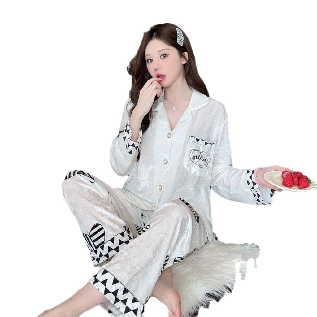 New golden velvet pajamas women's autumn fashion cardigan long-sleeved loungewear suit simple and generous can be worn outside pajamas