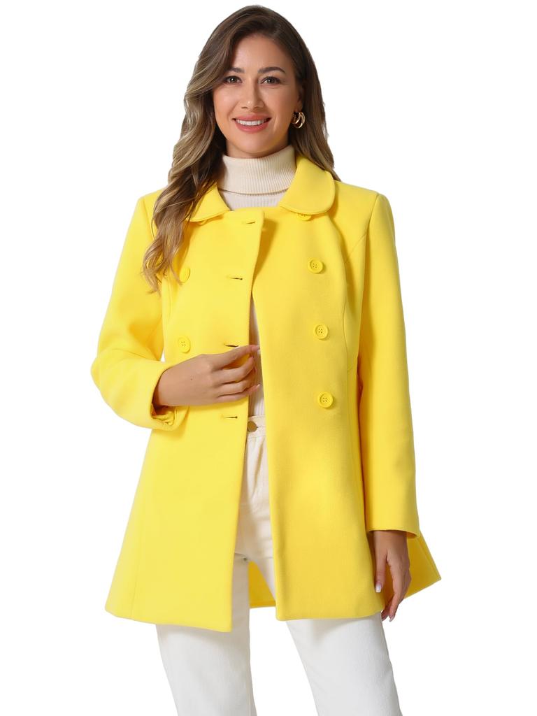 Allegra K Women's Double-Breasted Trench Coat with Round Collar, Long Sleeves, and Cold Weather Protection for Fall and Winter, Yellow, Size L