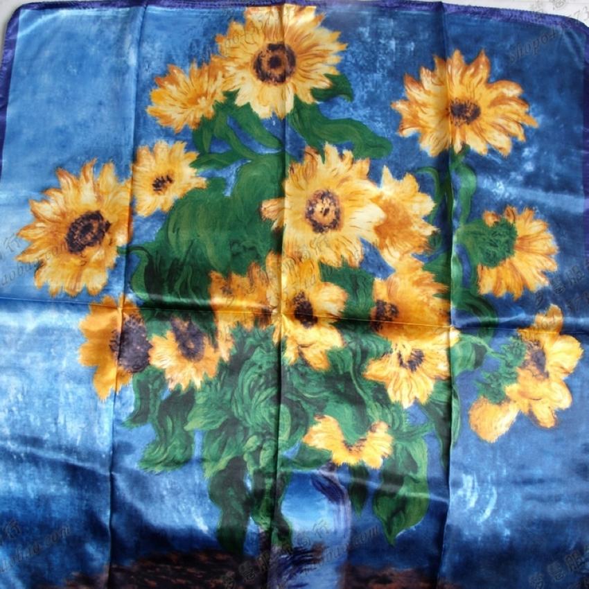2015 Square Polyester Silk Scarf New Sunflower Pattern 90*90cm Ladies' Satin Sqaure Scarves Printed New Style Women Headscarf