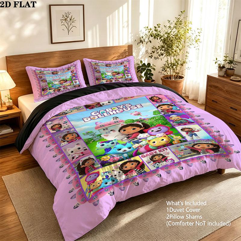 Gabby'S Dollhouse Pattern Bedding Quilt Set Quilt Cover Pillowcase Home Birthday Gift(1 * duvet cover + 2 * pillowcase, without core)