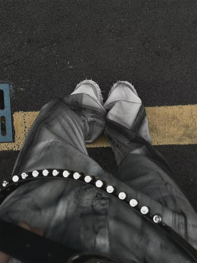 Мужские джинсы-клеш с эффектом потертости в стиле ретро с градиентом - Niche High Street Slim Fit Pants