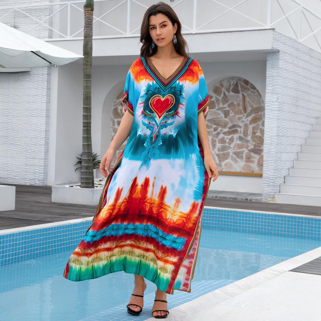 Женская мода лето весна перо принт рукава 1/2 V-образный вырез свободная талия повседневные платья