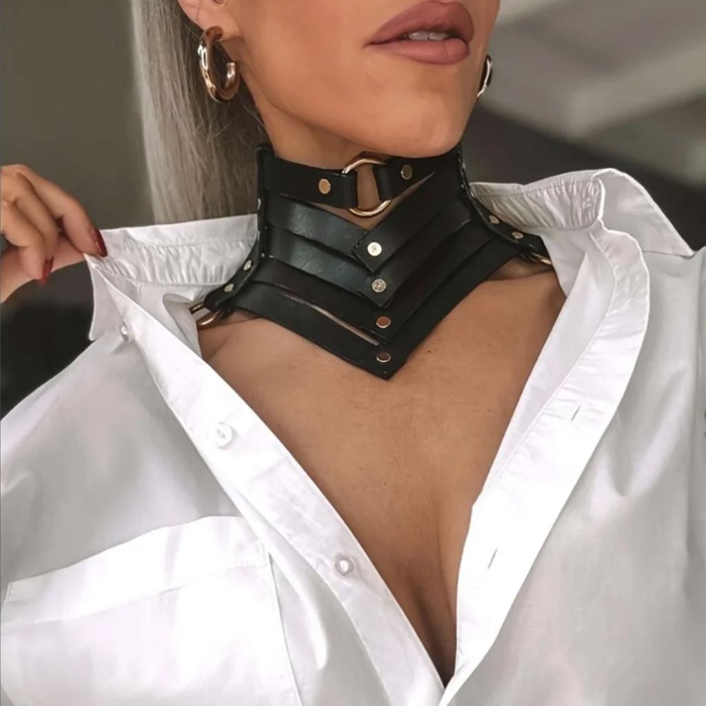 Vintage Goth Punk Faux Leather Necklace Trendy Goth Punk Style Necklace with Adjustable Faux Leather Straps for Women